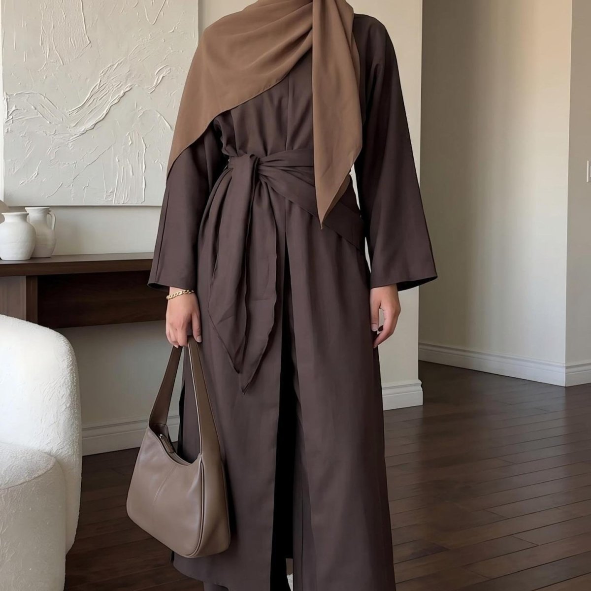 Long-Line Top, Wide-Leg Trousers & Triangle Scarf Three-Piece Co-ord Set(MS484) - Mariam's Collection