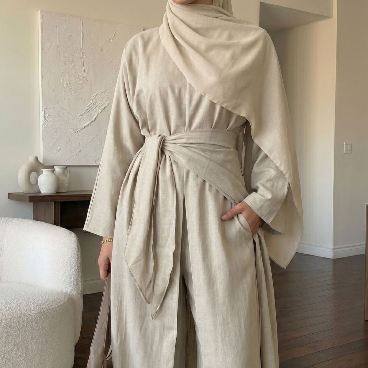 Long-Line Top, Wide-Leg Trousers & Triangle Scarf Three-Piece Co-ord Set(MS484) - Mariam's Collection