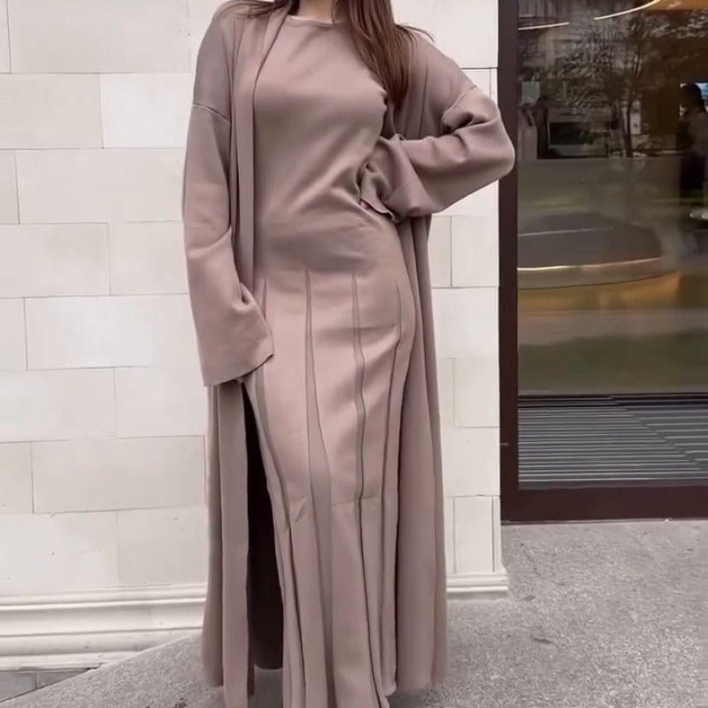 Long Open Cardigan & Pleated Dress Set(MS195) - Mariam's Collection