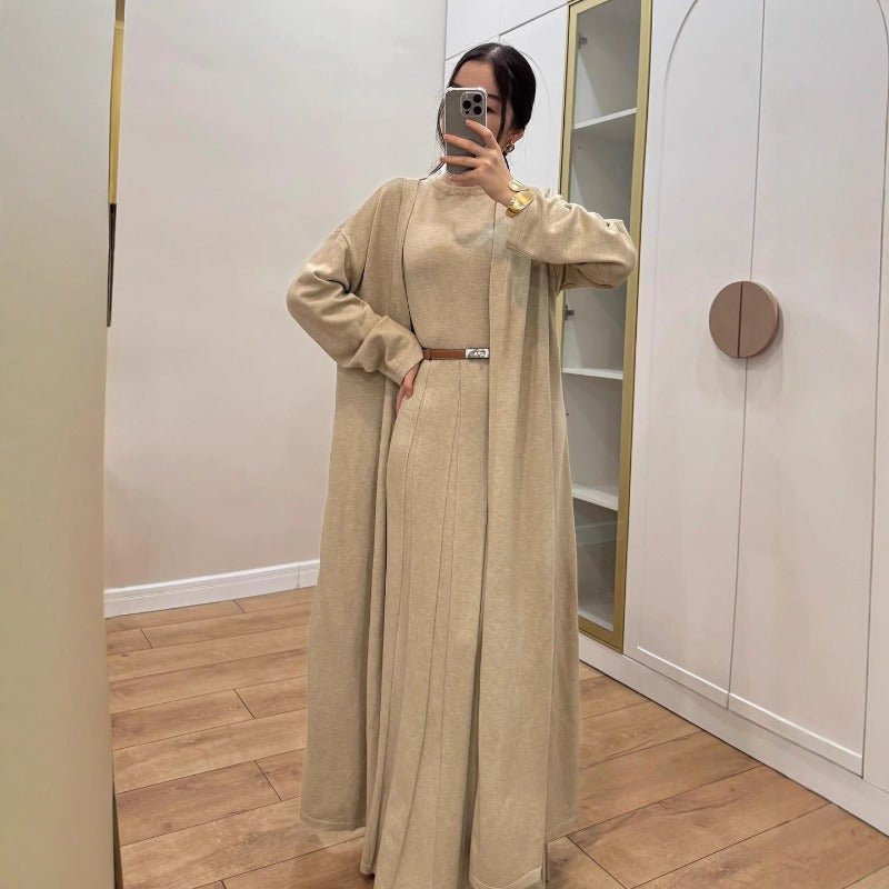 Long Open Cardigan & Pleated Dress Set(MS195) apricot / L