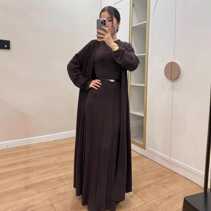 Long Open Cardigan & Pleated Dress Set(MS195) - Mariam's Collection