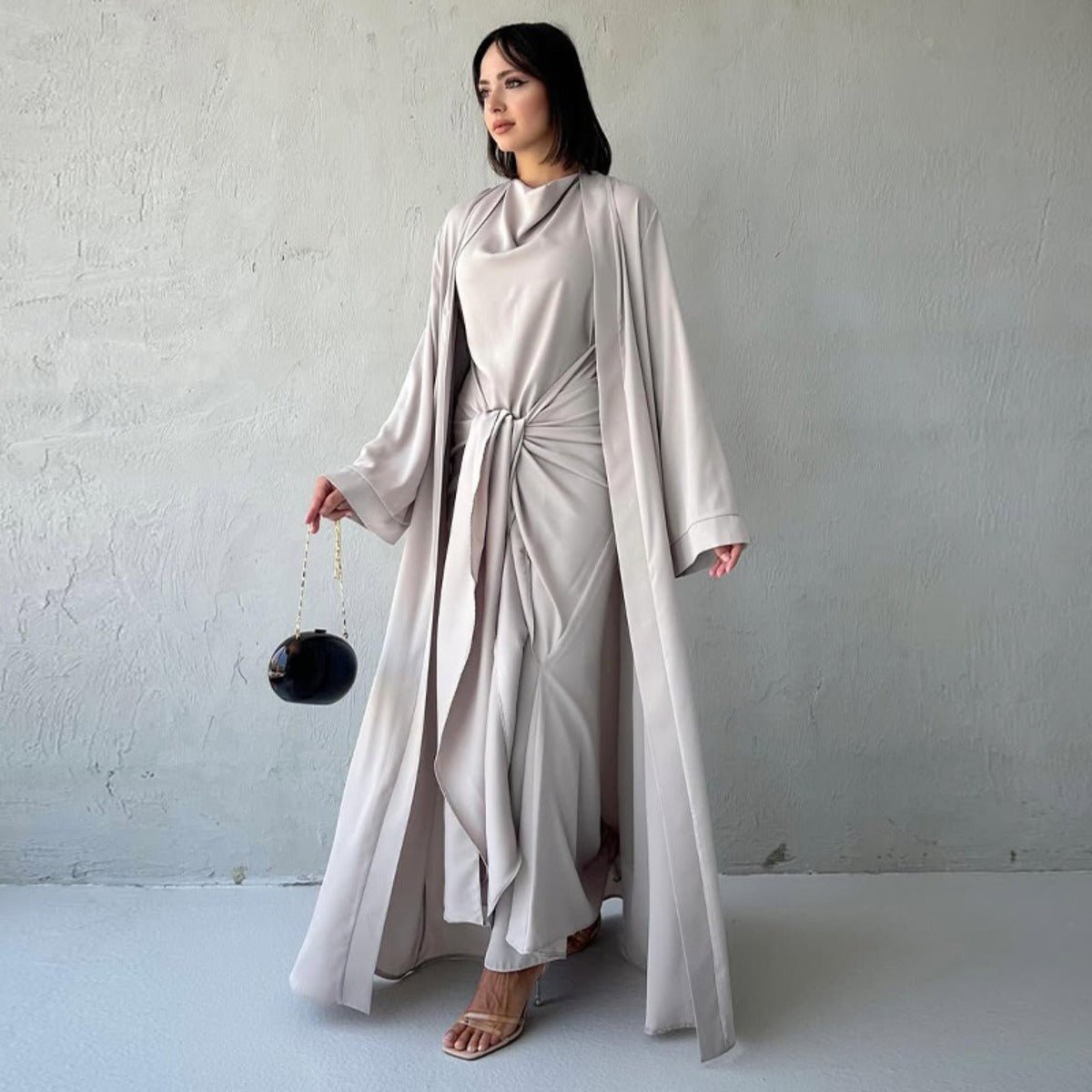 Long Sleeve Long Cardigan Solid Color Set - Modest Elegant Two - Piece Outfit with Belted Dress(MOA211) - Mariam's Collection