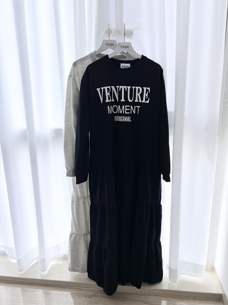 Long Sleeve T-Shirt Loose Fit Alphabet Print Maxi Dress with Ruffle Hem | Casual Layered Swing Dress(MS112) - Mariam's Collection