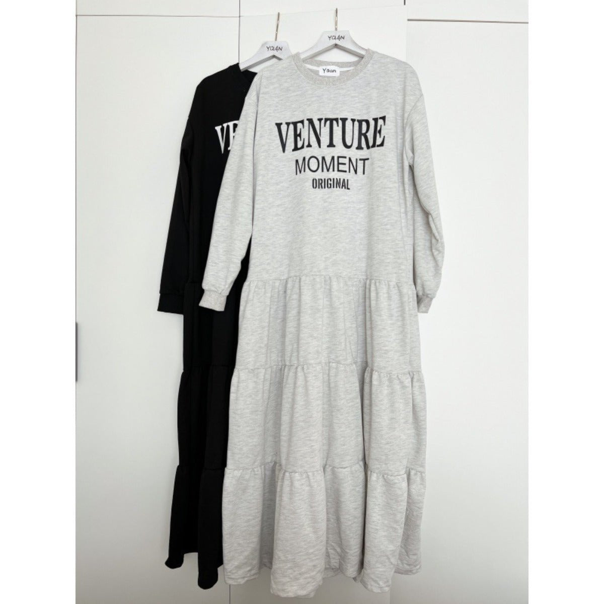 Long Sleeve T-Shirt Loose Fit Alphabet Print Maxi Dress with Ruffle Hem | Casual Layered Swing Dress(MS112) - Mariam's Collection