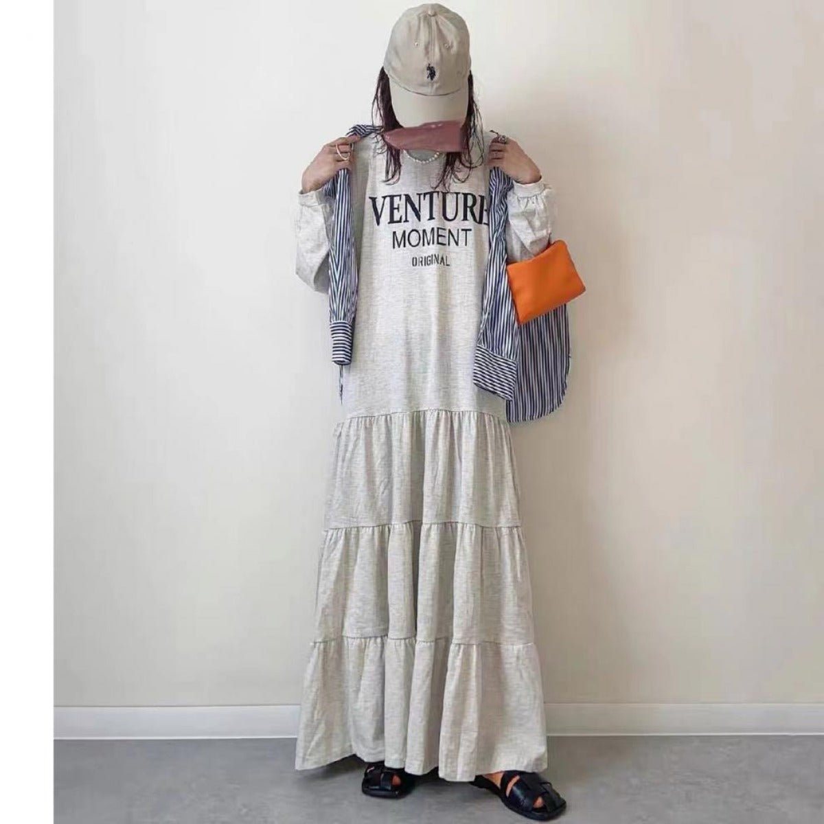 Long Sleeve T-Shirt Loose Fit Alphabet Print Maxi Dress with Ruffle Hem | Casual Layered Swing Dress(MS112) - Mariam's Collection