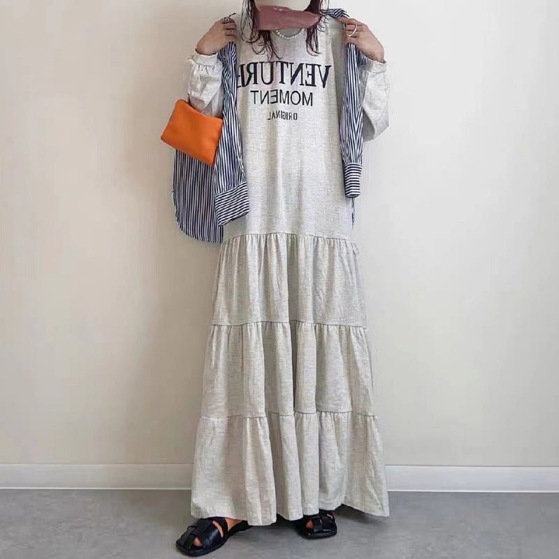 Long Sleeve T-Shirt Loose Fit Alphabet Print Maxi Dress with Ruffle Hem | Casual Layered Swing Dress(MS112) - Mariam's Collection