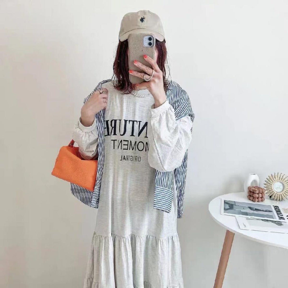 Long Sleeve T-Shirt Loose Fit Alphabet Print Maxi Dress with Ruffle Hem | Casual Layered Swing Dress(MS112) - Mariam's Collection