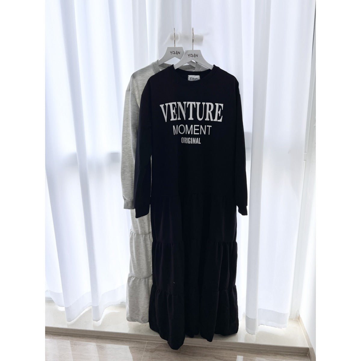 Long Sleeve T-Shirt Loose Fit Alphabet Print Maxi Dress with Ruffle Hem | Casual Layered Swing Dress(MS112) - Mariam's Collection