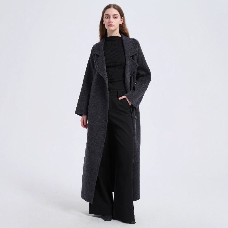 Long Wool Blend Trench Coat Abaya | Double - Breasted Belted Overcoat(MS188) - Mariam's Collection