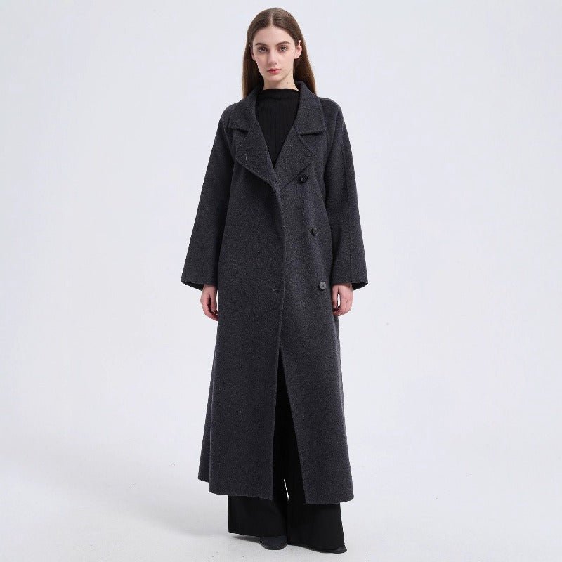 Long Wool Blend Trench Coat Abaya | Double - Breasted Belted Overcoat(MS188) - Mariam's Collection