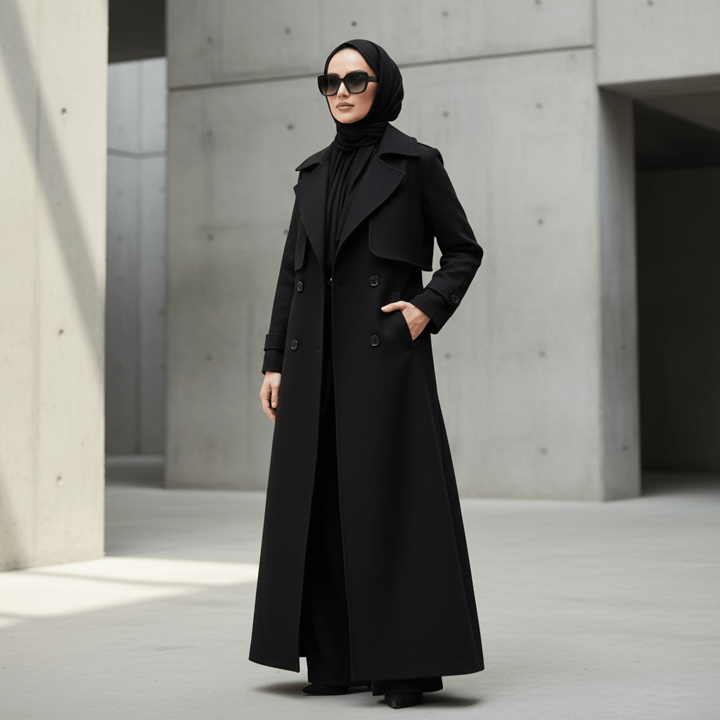 Long Wool Blend Trench Coat Abaya | Double - Breasted Belted Overcoat(MS188) - Mariam's Collection
