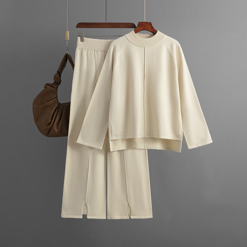 Loose Fit Solid Color Knit Two - Piece Set | Pullover Sweater & Wide Leg Pants with Side Slits(MS143) - Mariam's Collection