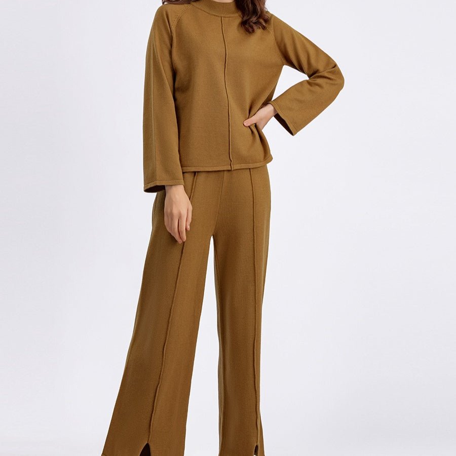 Loose Fit Solid Color Knit Two - Piece Set | Pullover Sweater & Wide Leg Pants with Side Slits(MS143) - Mariam's Collection