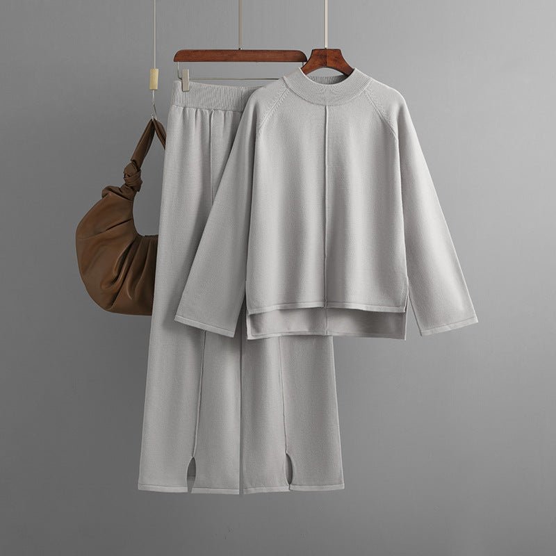 Loose Fit Solid Color Knit Two - Piece Set | Pullover Sweater & Wide Leg Pants with Side Slits(MS143) - Mariam's Collection