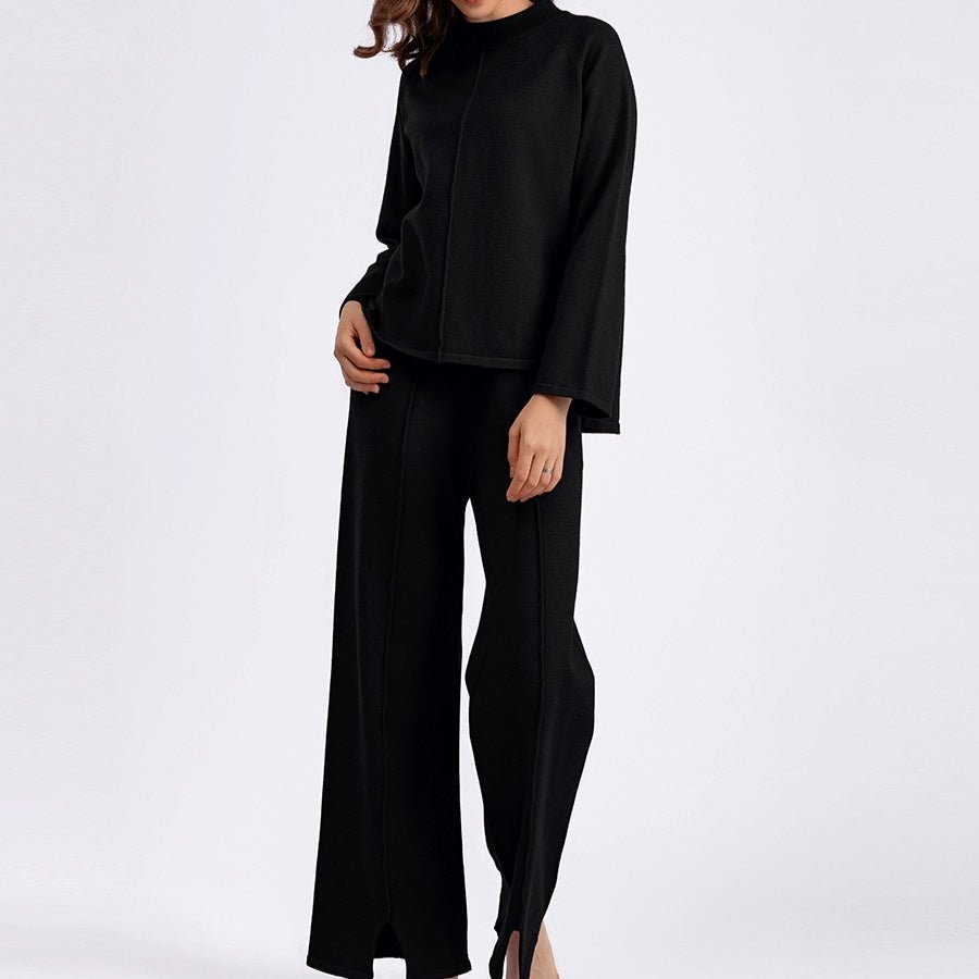 Loose Fit Solid Color Knit Two - Piece Set | Pullover Sweater & Wide Leg Pants with Side Slits(MS143) - Mariam's Collection