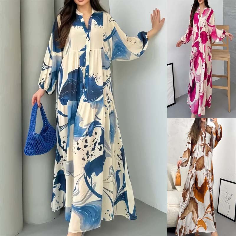 loose fitted dress Loose Fit V-Neck Long Sleeve Dress Abaya(MA377) Rose red / 2XL