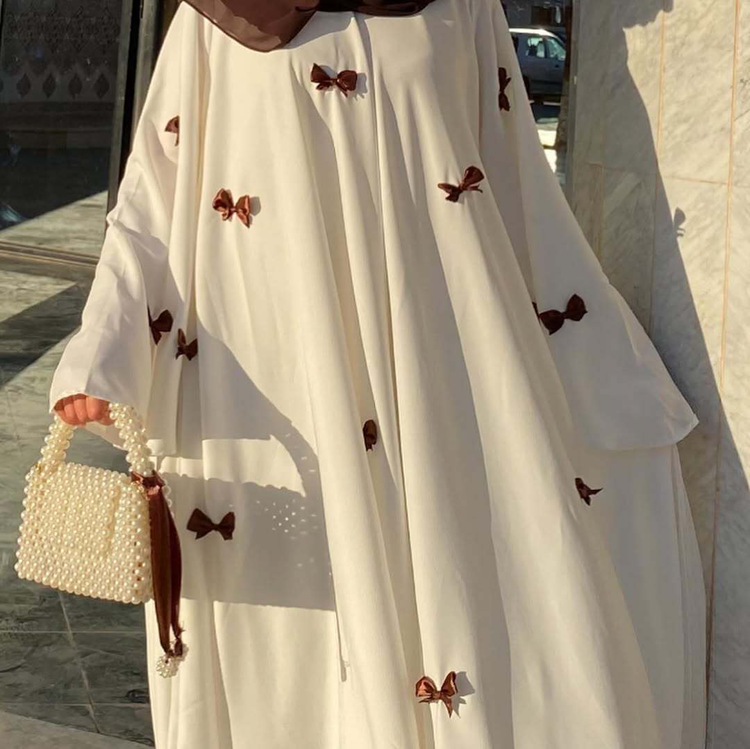 Loose Hem Long Abaya with Bell Sleeves & Butterfly Bow Detail (MA151) - Mariam's Collection