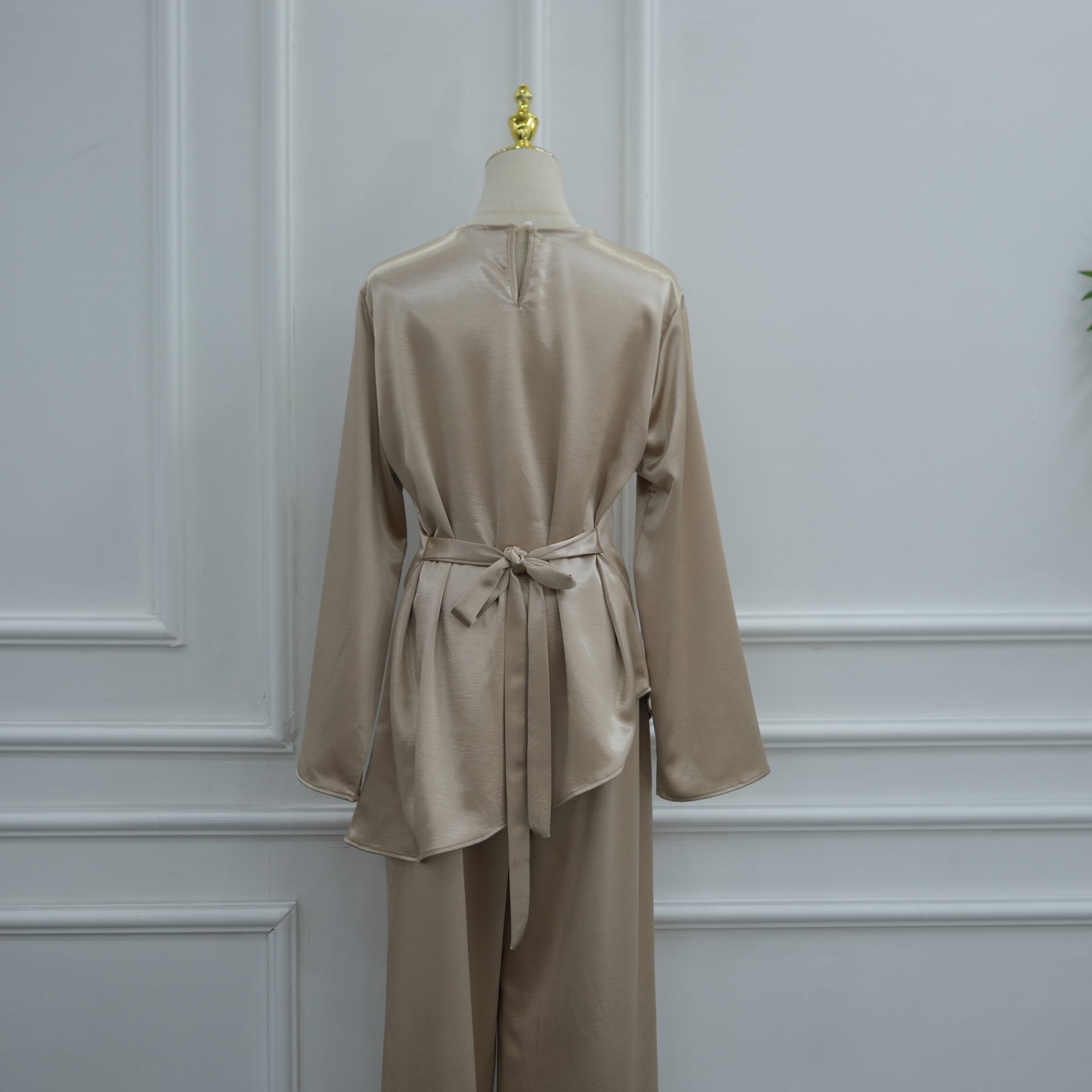 Lustrous Satin-Feel Round Neck Top & Wide-Leg Trousers Co-ord Set (MS522) - Mariam's Collection