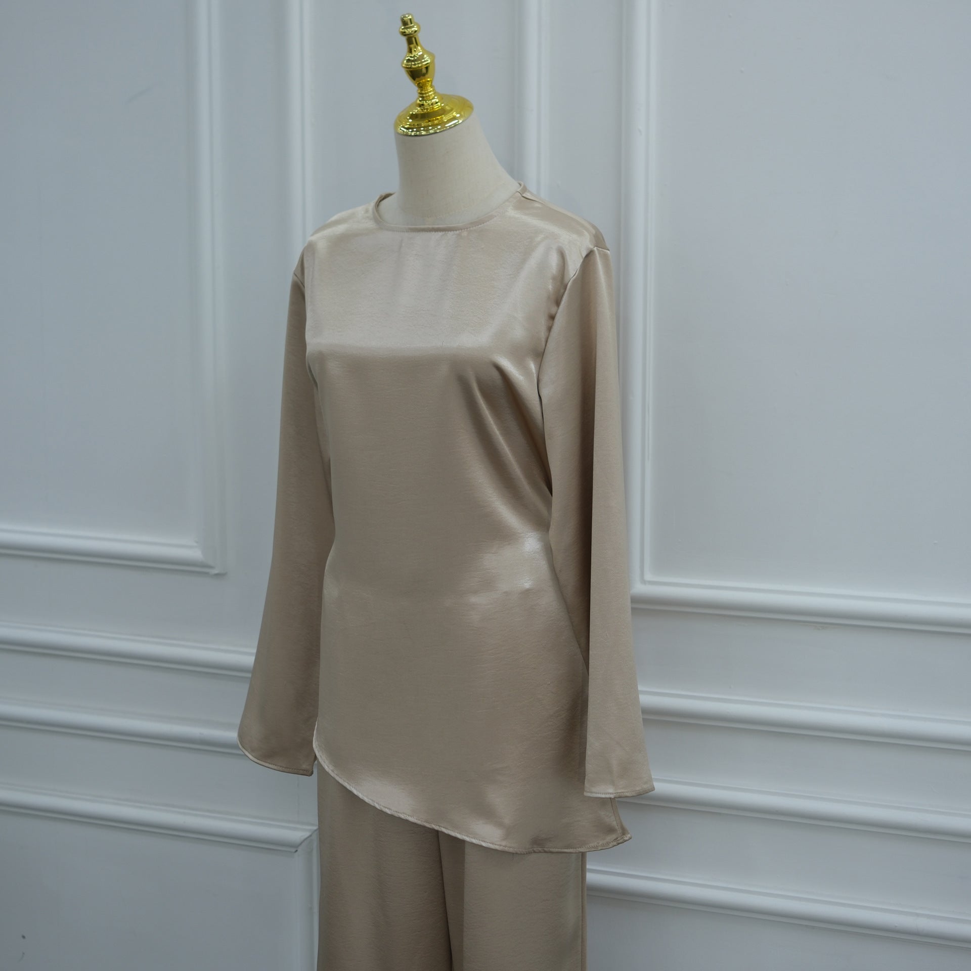Lustrous Satin-Feel Round Neck Top & Wide-Leg Trousers Co-ord Set (MS522) - Mariam's Collection