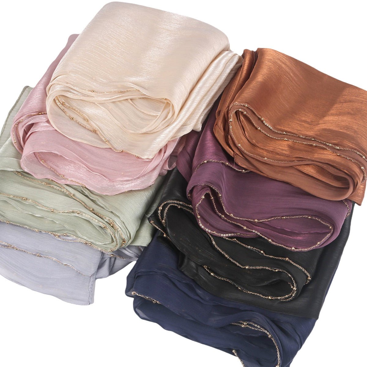 Lustrous Thread Hijab with Satin & Crinkle Texture, Featuring Metal Chain (MH142) - Mariam's Collection