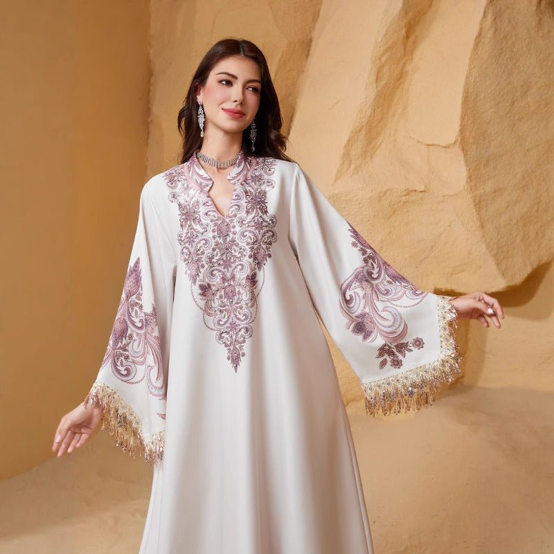 Luxe Embroidered Evening Abaya | Bell Sleeve Maxi Dress with Fringe Detail(MA338), Pink / L Luxe Embroidered Evening Abaya | Bell Sleeve Maxi Dress with Fringe Detail(MA338), Pink / L