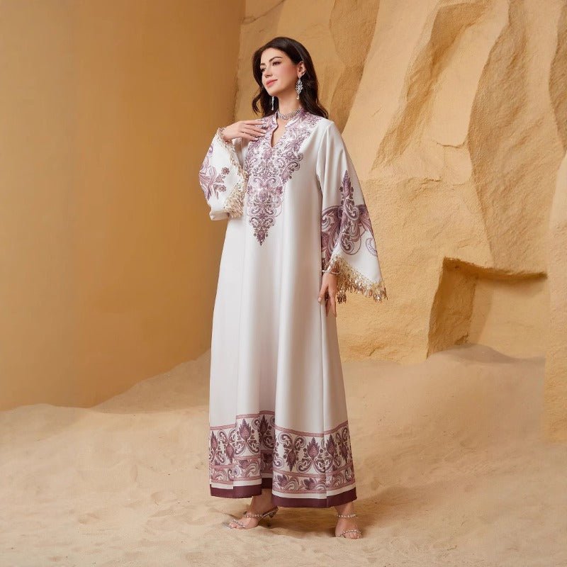 Luxe Embroidered Evening Abaya | Bell Sleeve Maxi Dress with Fringe Detail(MA338) - Mariam's Collection