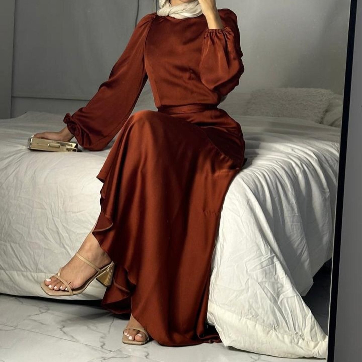 Luxe Satin Ruffle Hem Maxi Dress | Elastic Cuff Belted Abaya(MS187) - Mariam's Collection