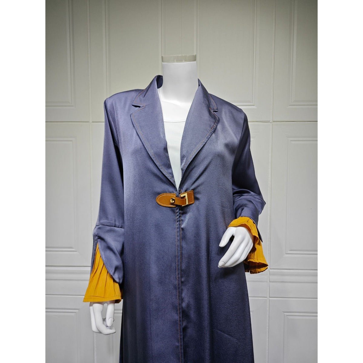 Luxe Suede Robe Dress | Navy Blue Maxi with Gold Accents & Bell Sleeves(MOA200) - Mariam's Collection