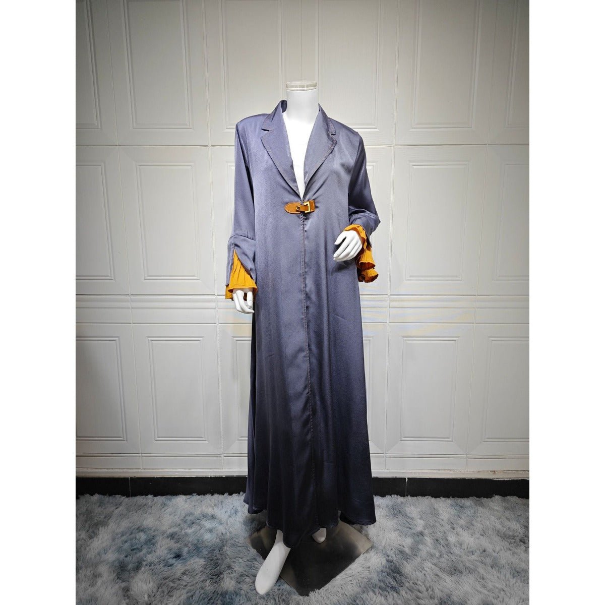 Luxe Suede Robe Dress | Navy Blue Maxi with Gold Accents & Bell Sleeves(MOA200) - Mariam's Collection