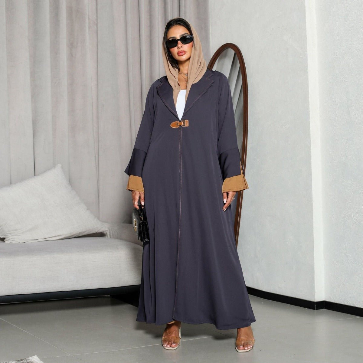 Luxe Suede Robe Dress | Navy Blue Maxi with Gold Accents & Bell Sleeves (MOA200) Grey / L Luxe Suede Robe Dress | Navy Blue Maxi with Gold Accents & Bell Sleeves (MOA200) Grey / L