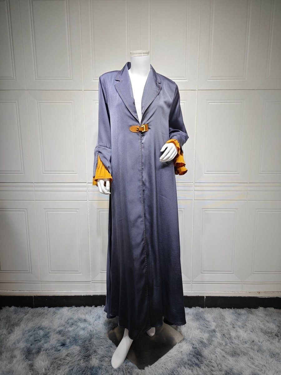 Luxe Suede Robe Dress | Navy Blue Maxi with Gold Accents & Bell Sleeves(MOA200) - Mariam's Collection