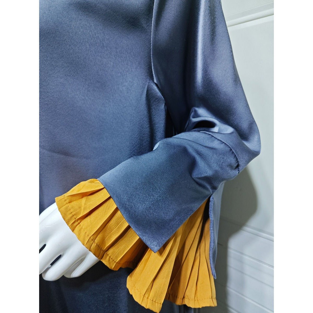 Luxe Suede Robe Dress | Navy Blue Maxi with Gold Accents & Bell Sleeves(MOA200) - Mariam's Collection