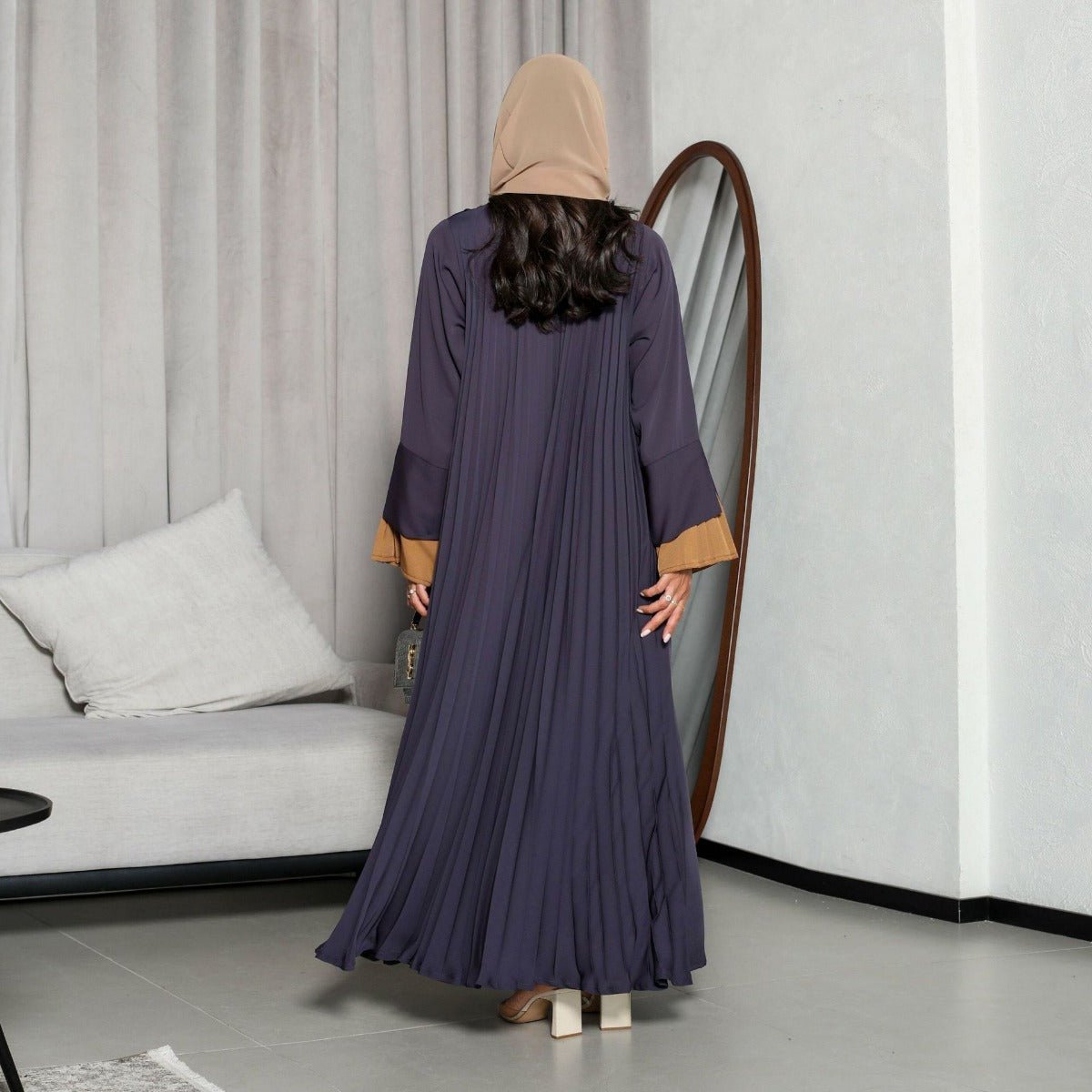 Luxe Suede Robe Dress | Navy Blue Maxi with Gold Accents & Bell Sleeves(MOA200) - Mariam's Collection