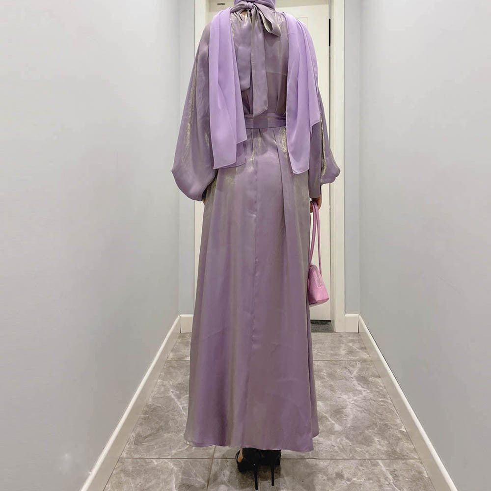 Luxurious Shimmer Abaya with Lantern Sleeves | Stand Collar Back Tie Maxi Dress(MA324) - Mariam's Collection