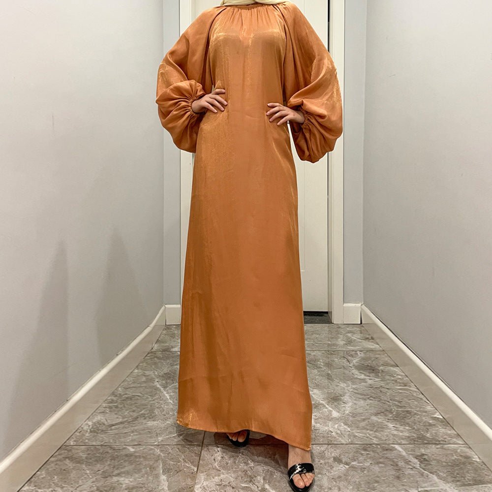 Luxurious Shimmer Abaya with Lantern Sleeves | Stand Collar Back Tie Maxi Dress(MA324) - Mariam's Collection