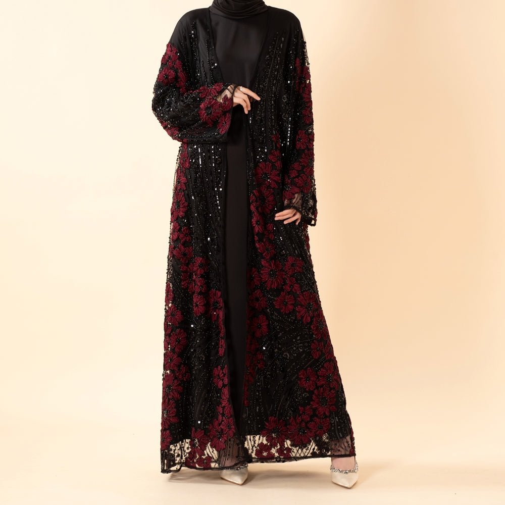Beaded Sequin Open Abaya – Luxury Floral Wedding Abaya Balck (Inner Dress) / L