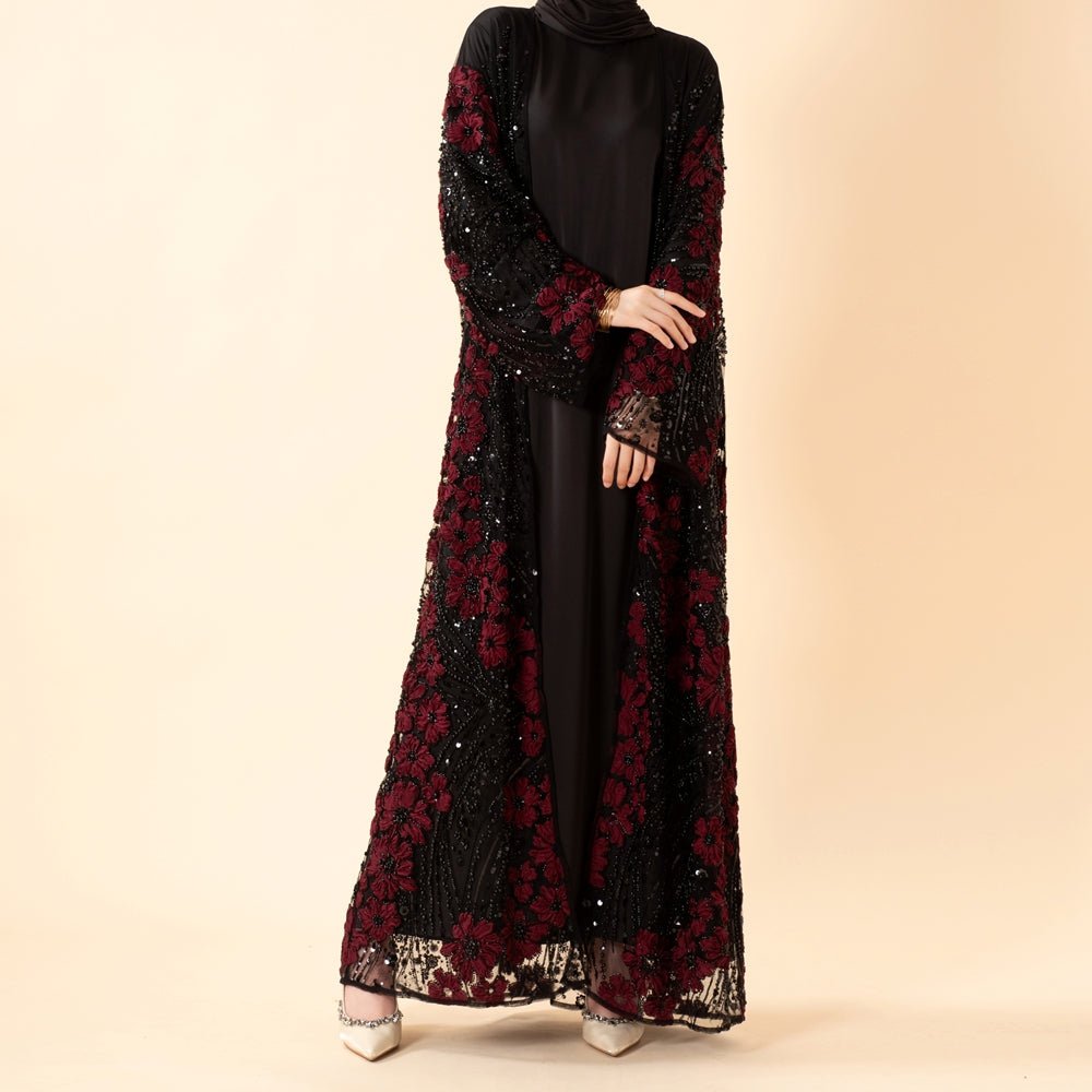 Luxury 3D Floral Beaded Sequin Embroidered Open Abaya for Eid & Wedding (MOA307) - Mariam's Collection