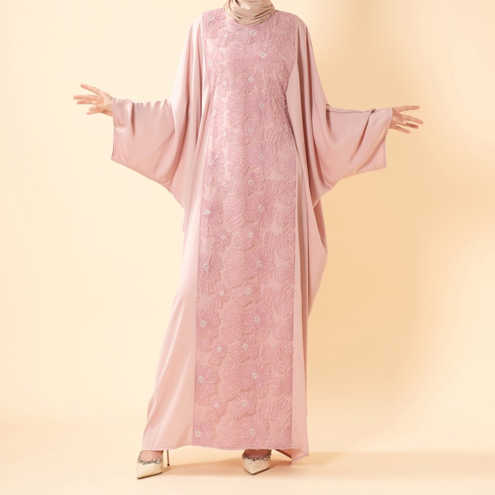 Luxury 3D Ribbon Embroidered Batwing Abaya – Satin Party Abaya