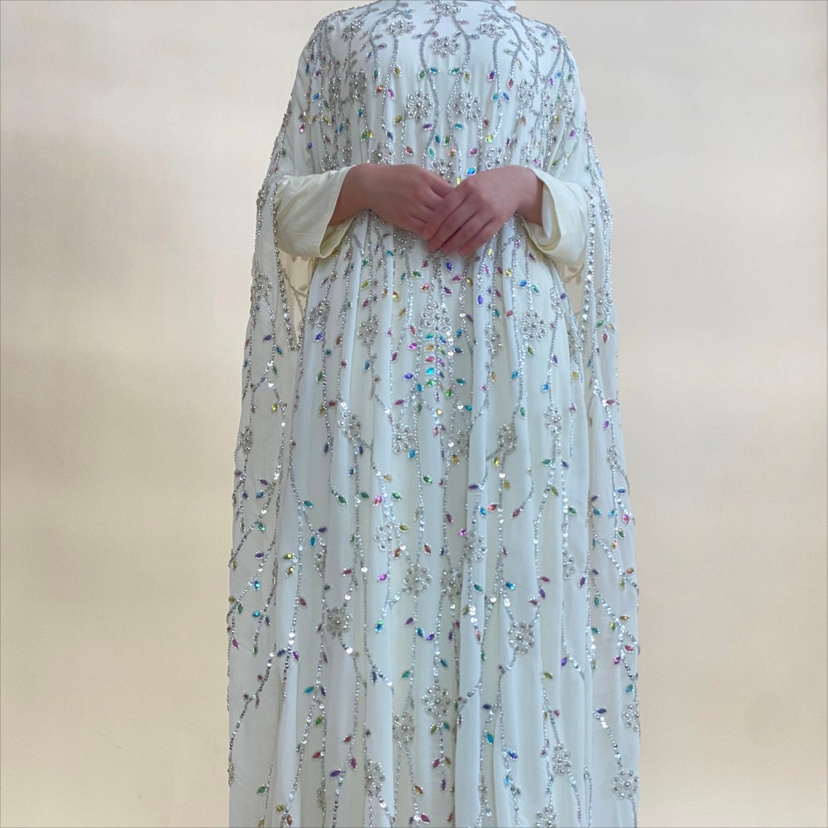 Luxury Crystal Embellished Cape Abaya Set with Modal Inner Dress (MA390) - Mariam's Collection