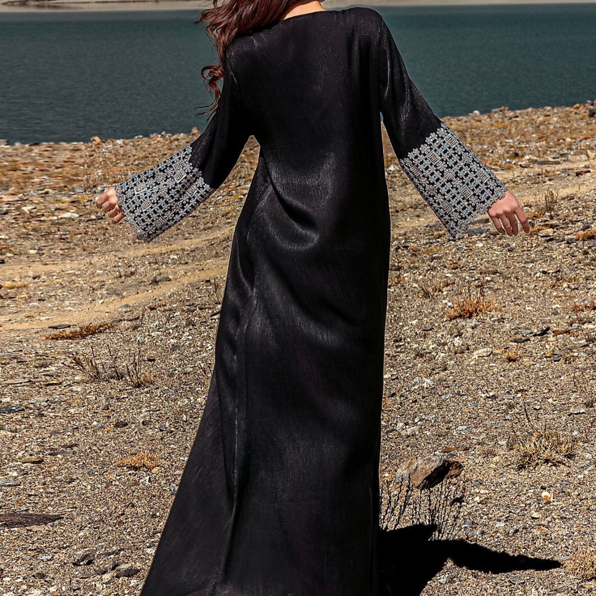 Luxury Crystal & Pearl Embellished Abaya | V - Neck Nida Crepe Maxi Dress(MA343) - Mariam's Collection