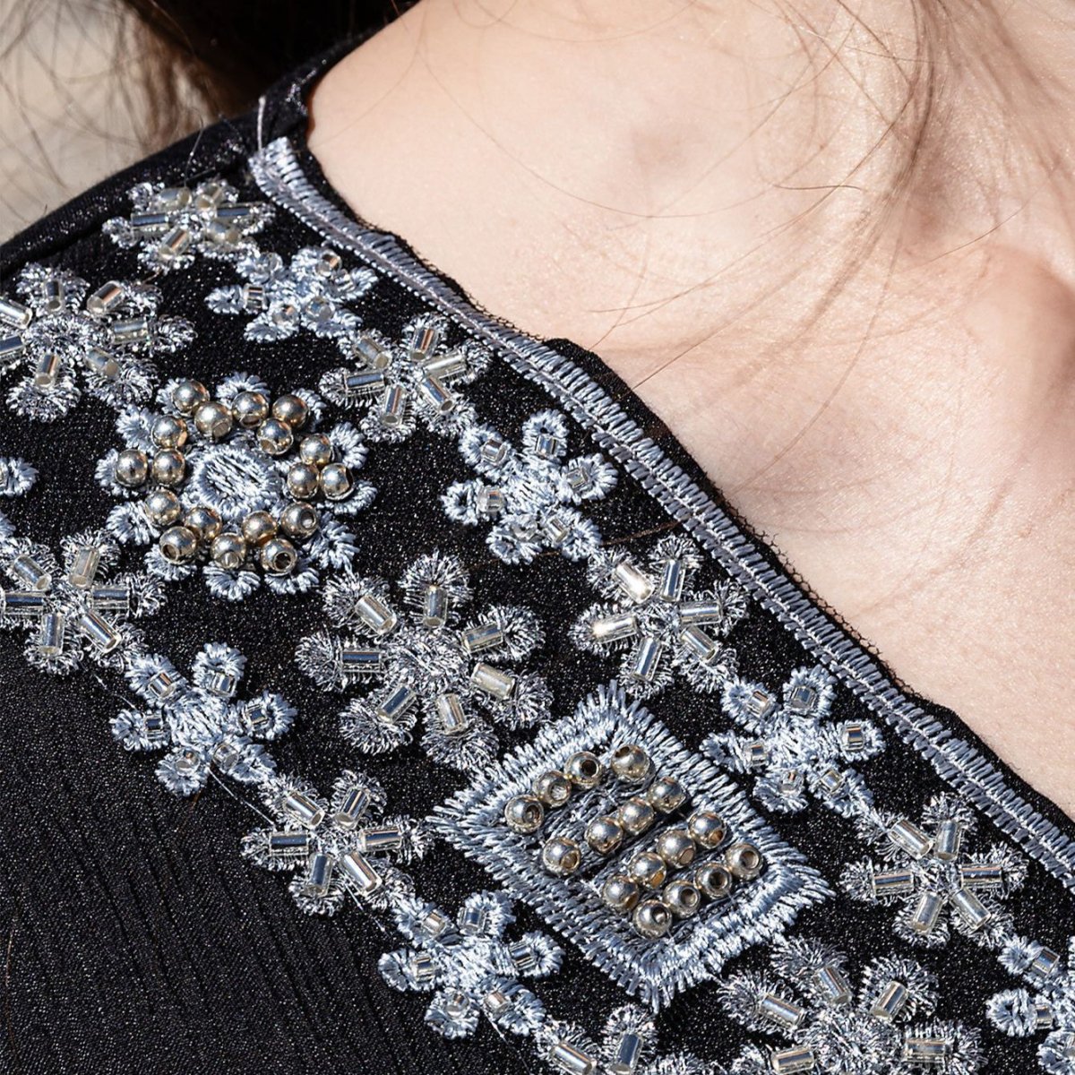 Luxury Crystal & Pearl Embellished Abaya | V - Neck Nida Crepe Maxi Dress(MA343) - Mariam's Collection