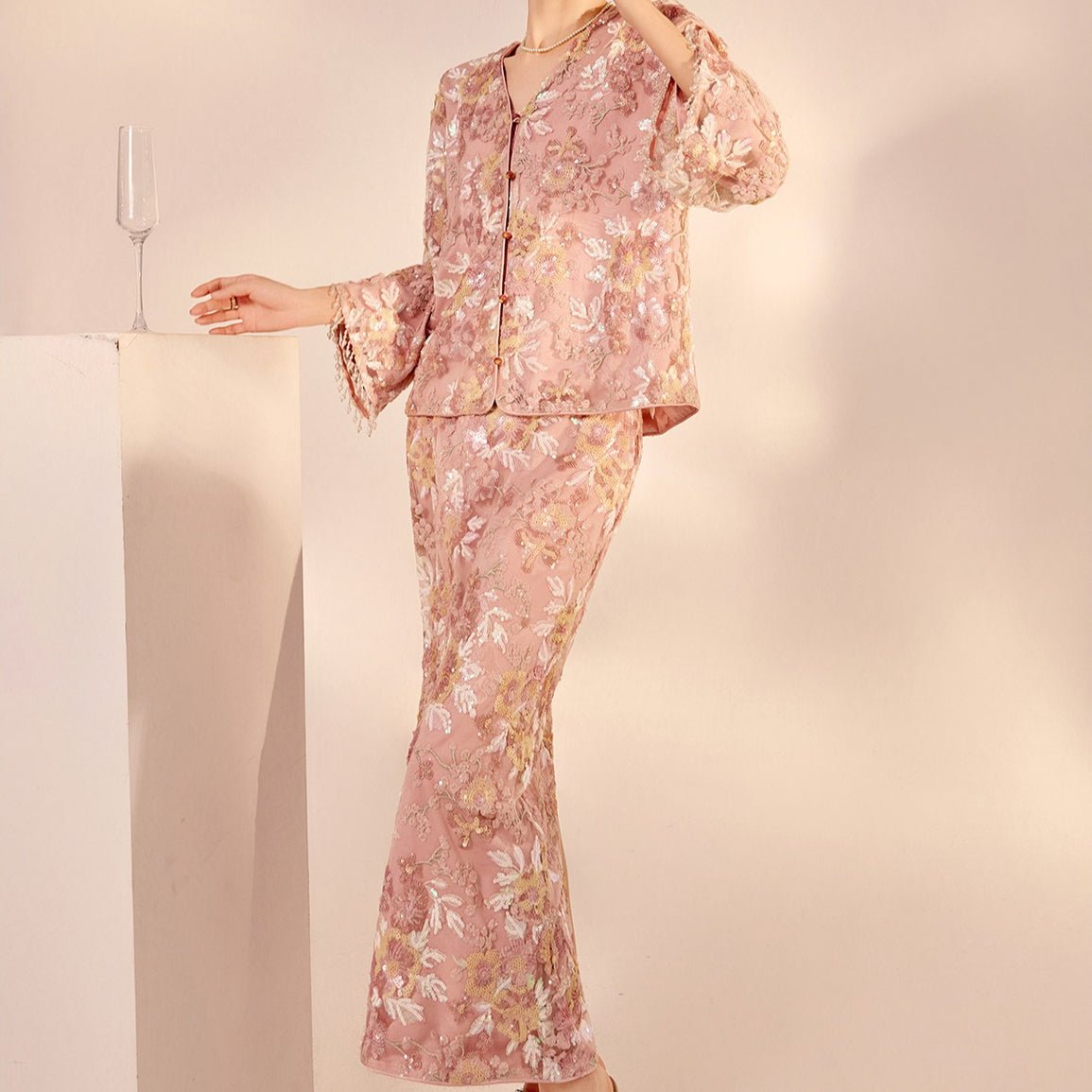 Luxury Embroidered Floral Jacket & Skirt Set(MS307) - Mariam's Collection