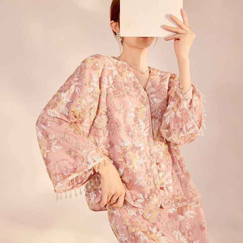 Luxury Embroidered Floral Jacket & Skirt Set(MS307) - Mariam's Collection