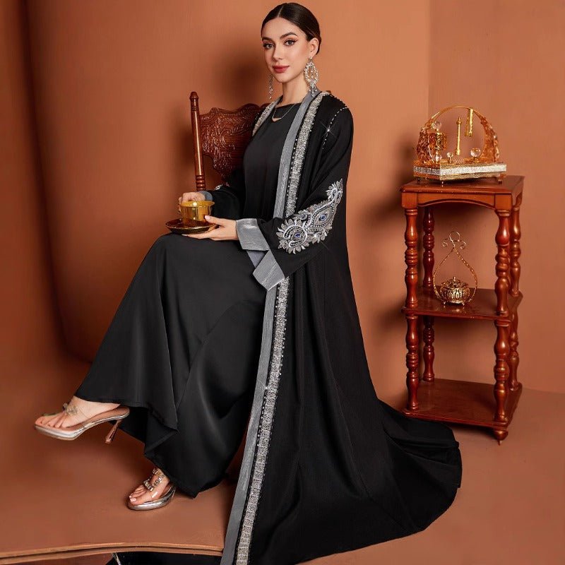 Luxury Embroidered Rhinestone Abaya | Open Front with Contrast Trim & Split Cuffs(MOA235) - Mariam's Collection