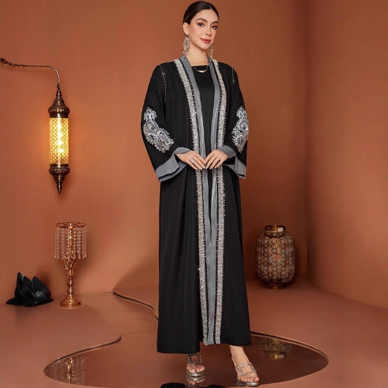 Luxury Embroidered Rhinestone Abaya | Open Front with Contrast Trim & Split Cuffs(MOA235) - Mariam's Collection
