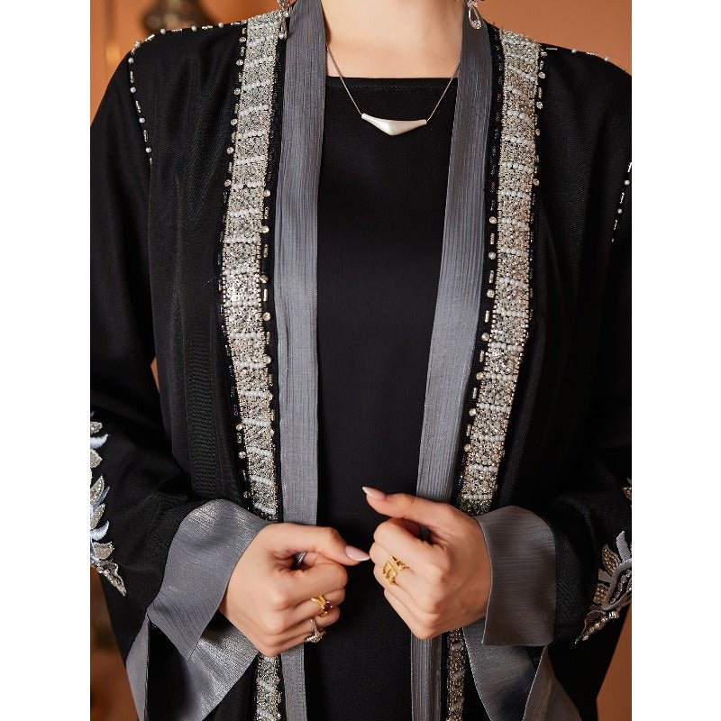 Luxury Embroidered Rhinestone Abaya | Open Front with Contrast Trim & Split Cuffs(MOA235) - Mariam's Collection