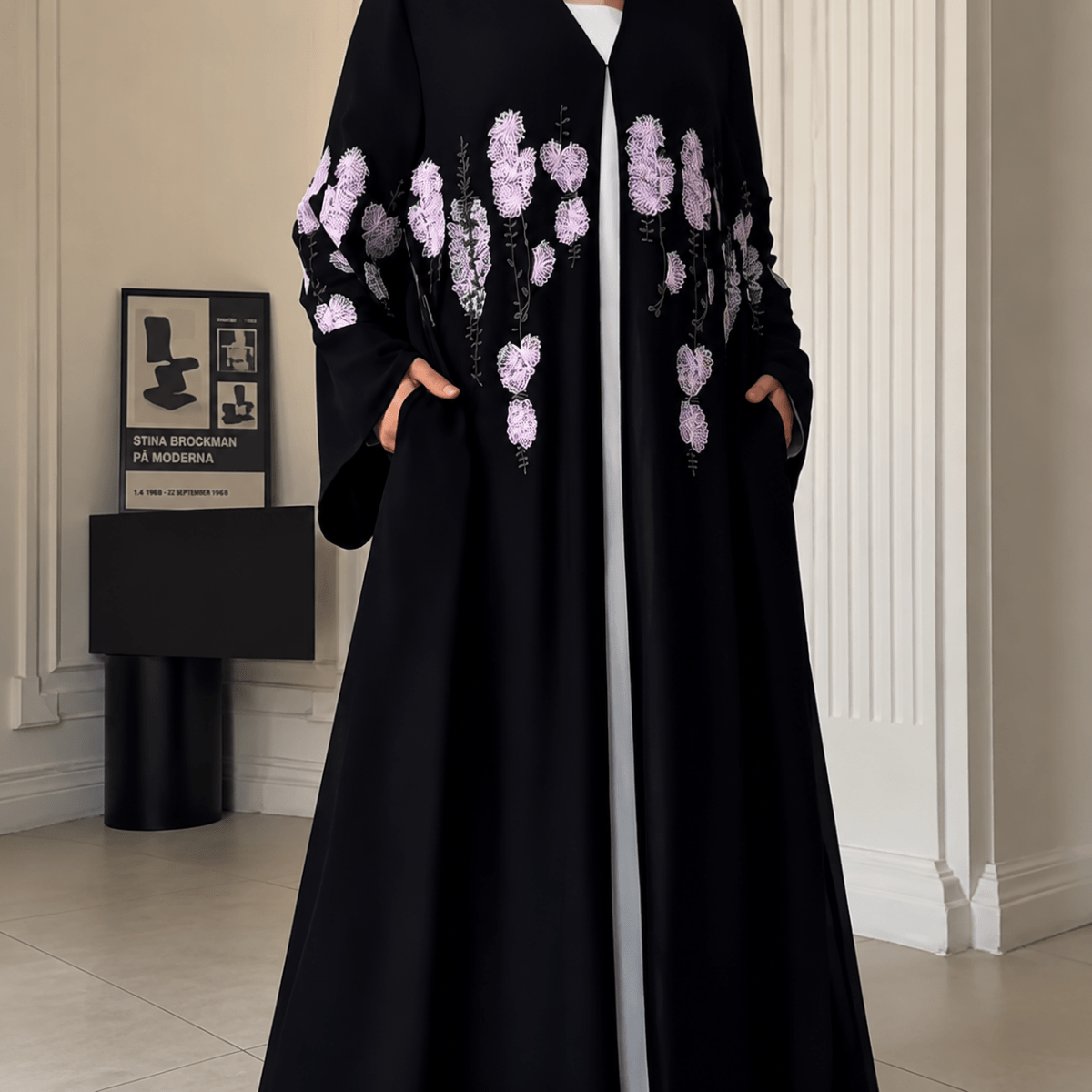 Luxury Floral Embroidered Double-Layer Chiffon Open Abaya(MOA308) - Mariam's Collection
