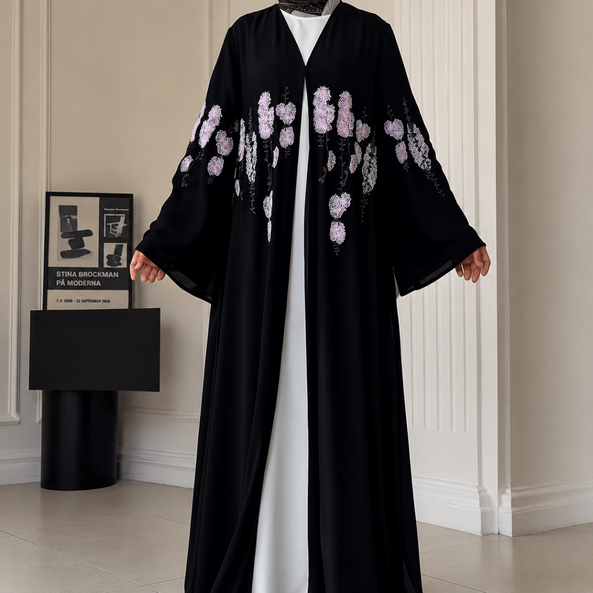 Luxury Floral Embroidered Double-Layer Chiffon Open Abaya(MOA308) - Mariam's Collection
