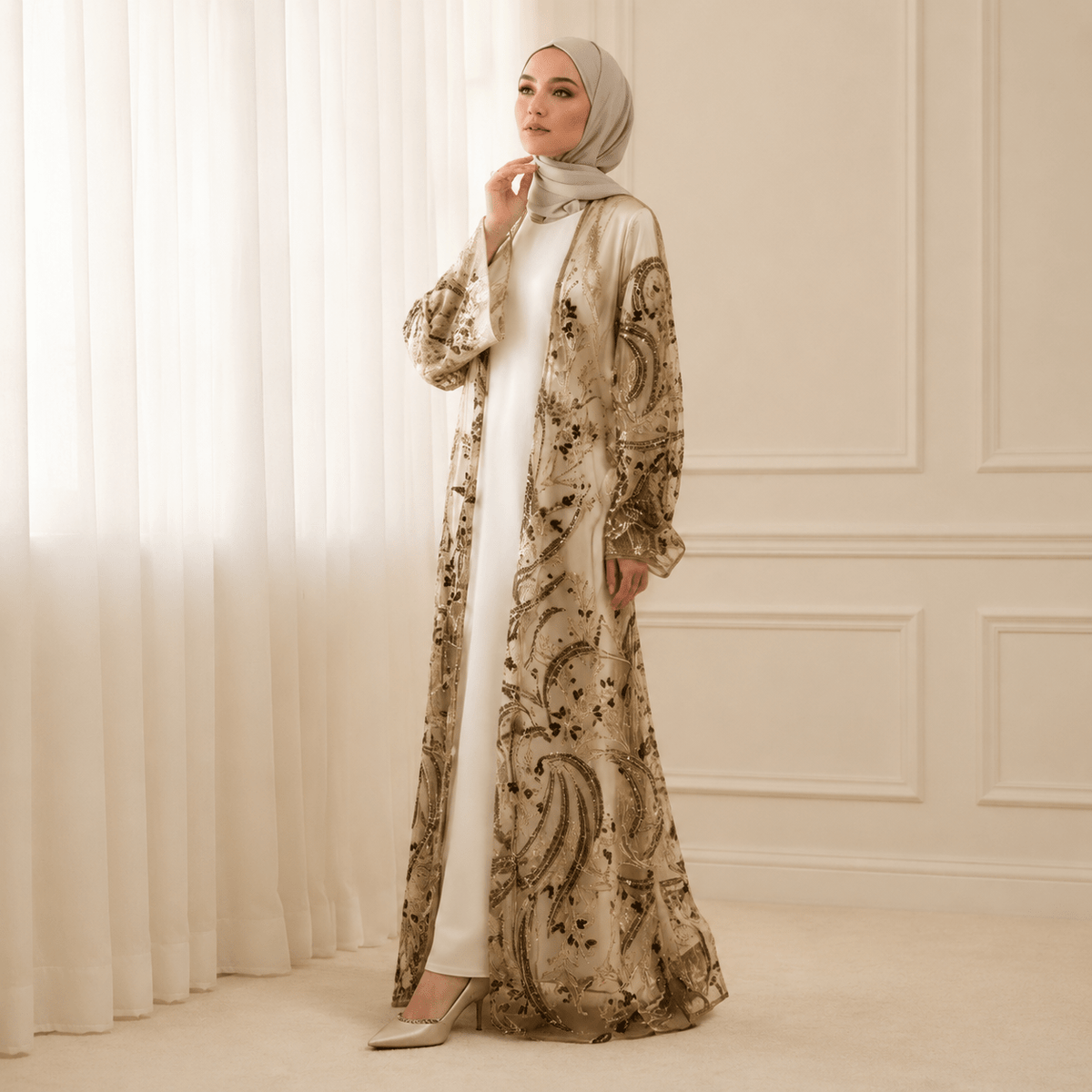 Side drape detail of lightweight layered sequin open abaya