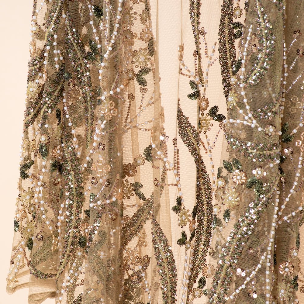 Full-length front view of luxury sequin embroidered open abaya in ivory